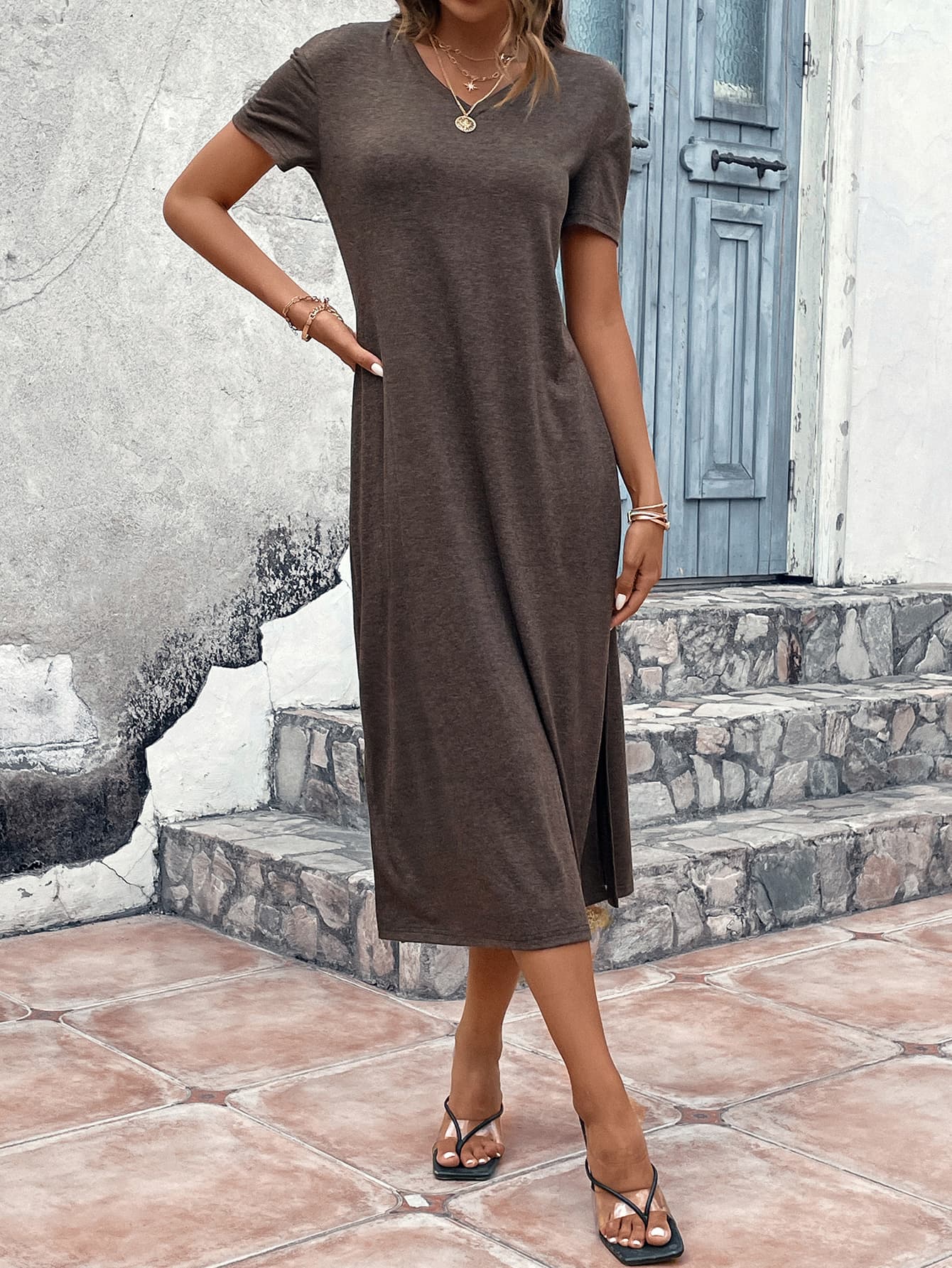 V-Neck Short Sleeve Slit Midi Dress