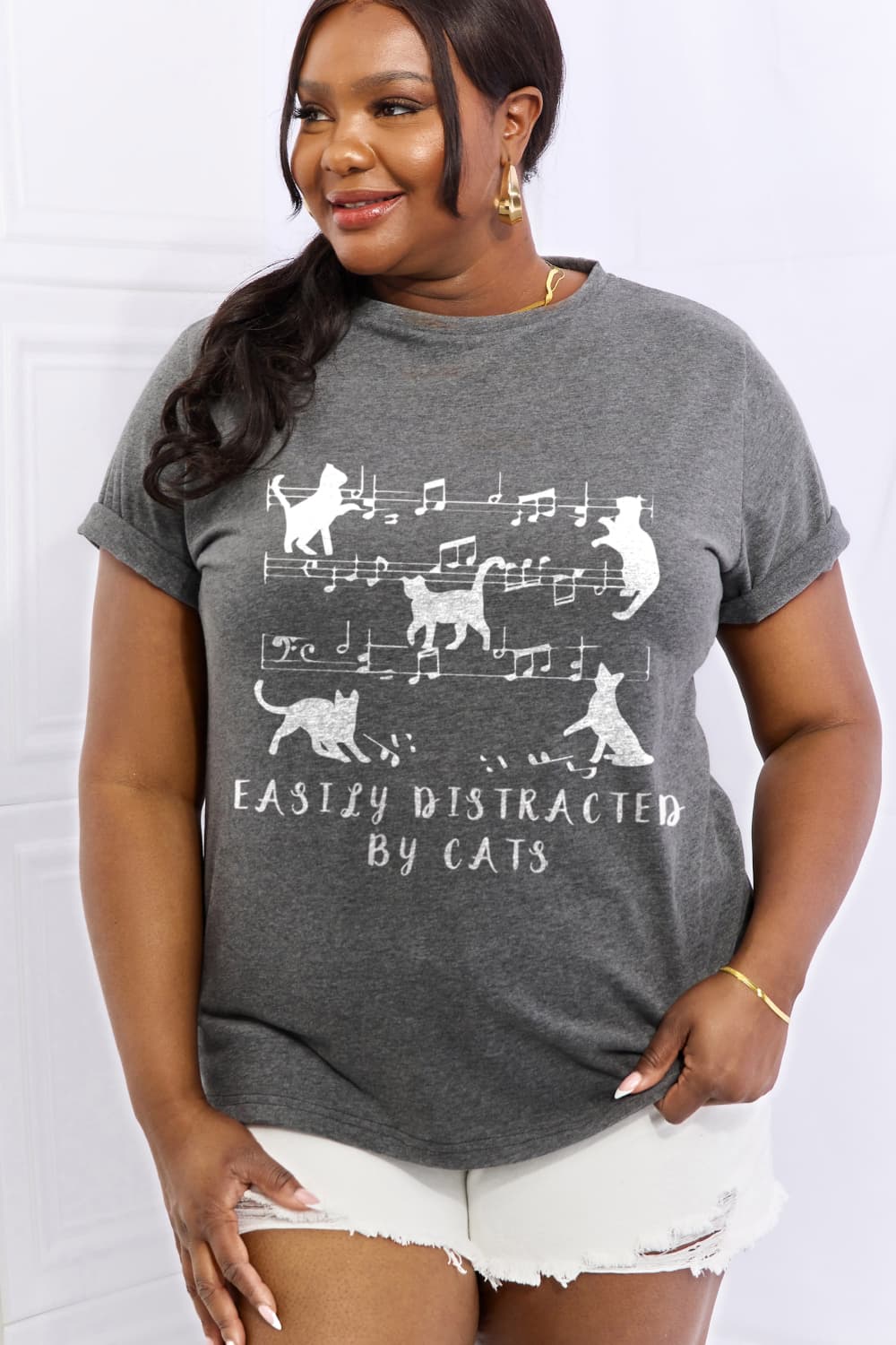 Simply Love Full Size EASILY DISTRACTED BY CATS Graphic Cotton Tee