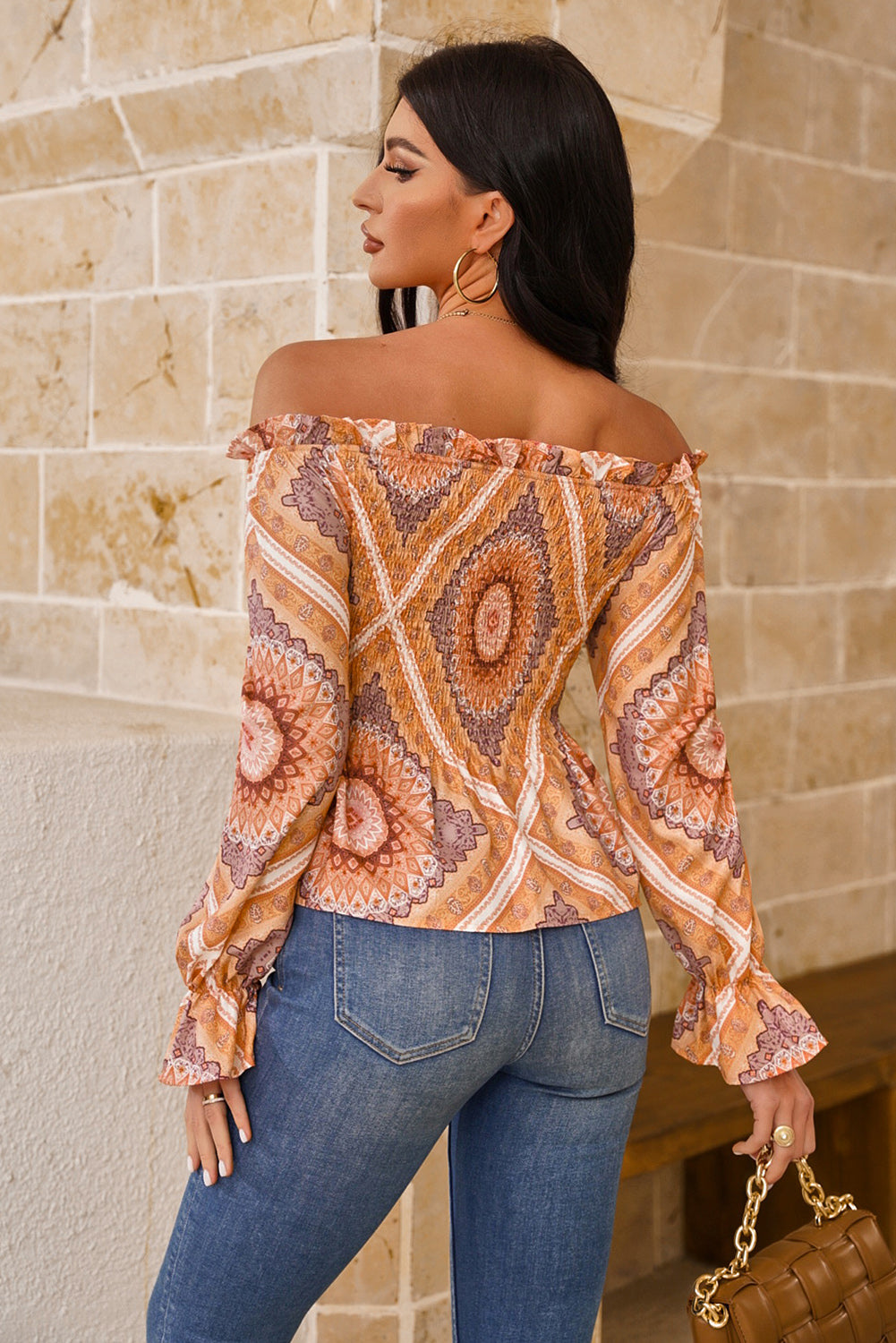 Printed Off-Shoulder Smocked Flounce Sleeve Blouse