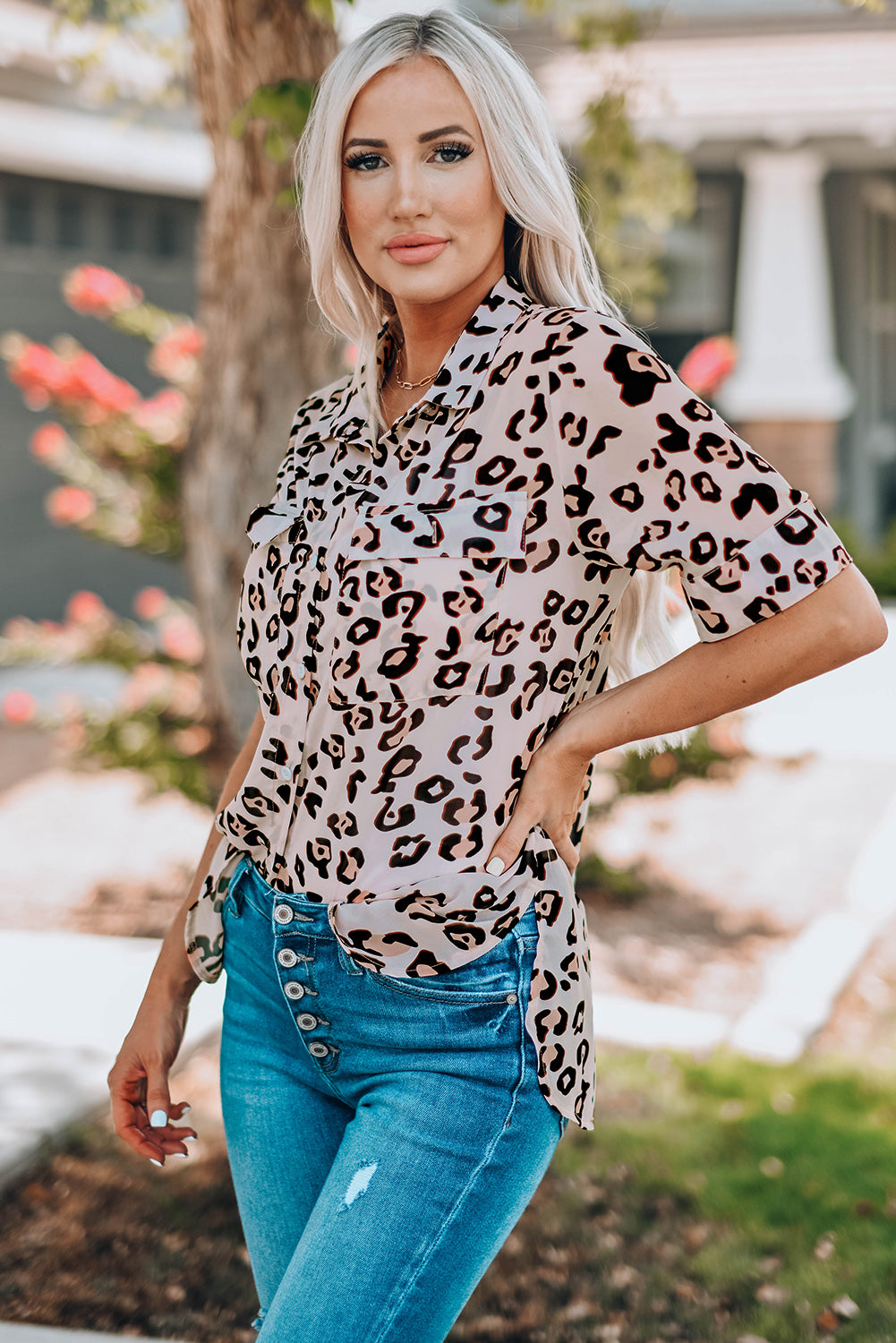 Leopard Button Front Short Sleeve Shirt with Breast Pockets