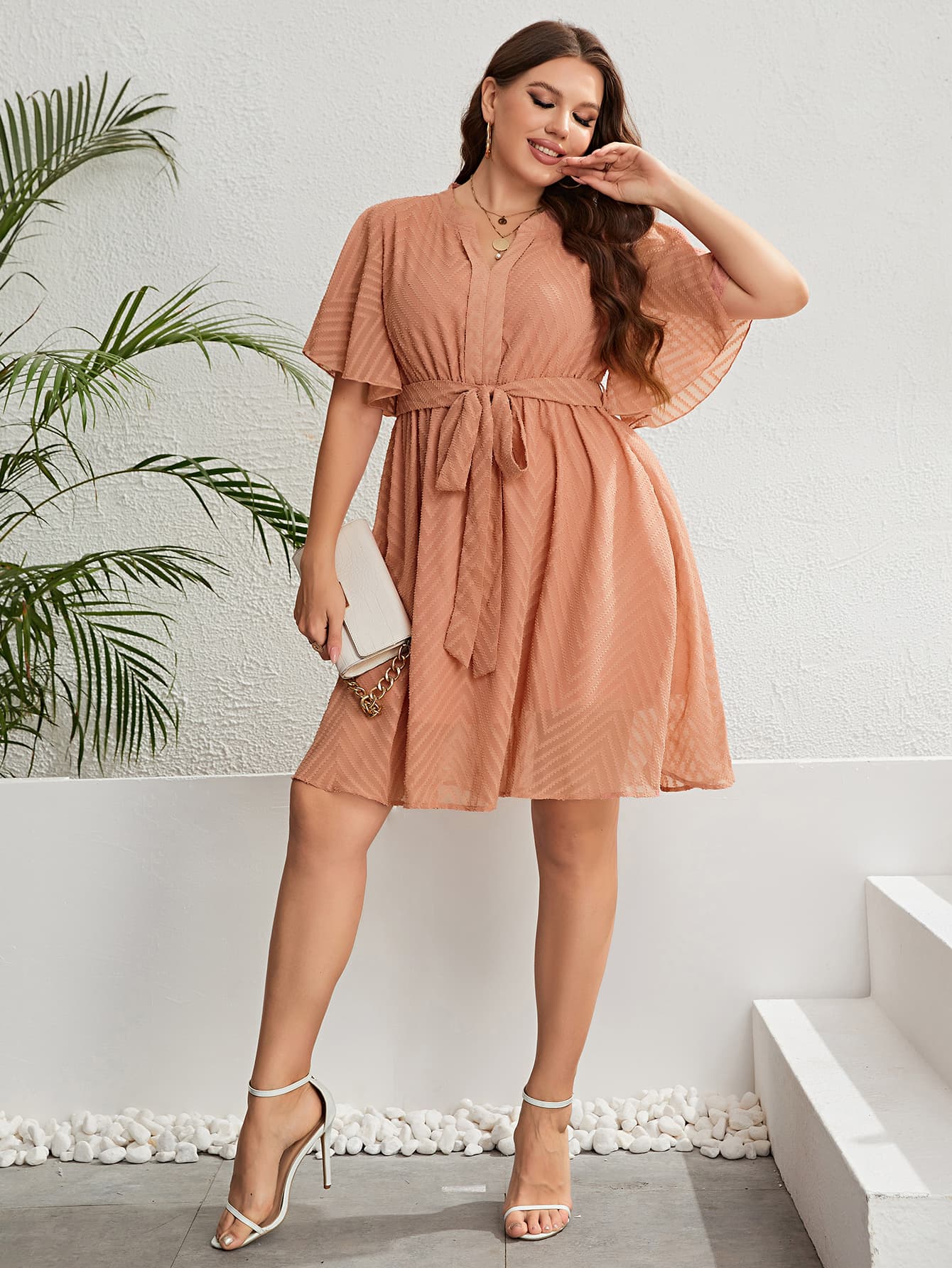 Plus Size Tie Waist Notched Neck Flutter Sleeve Dress