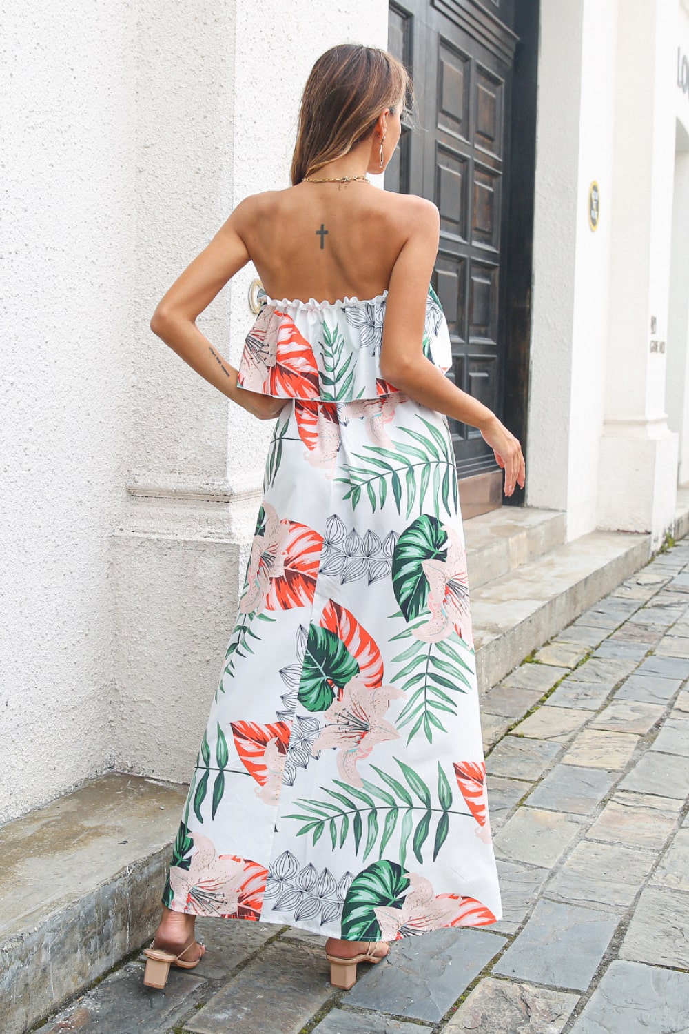 Printed Layered Strapless Maxi Dress