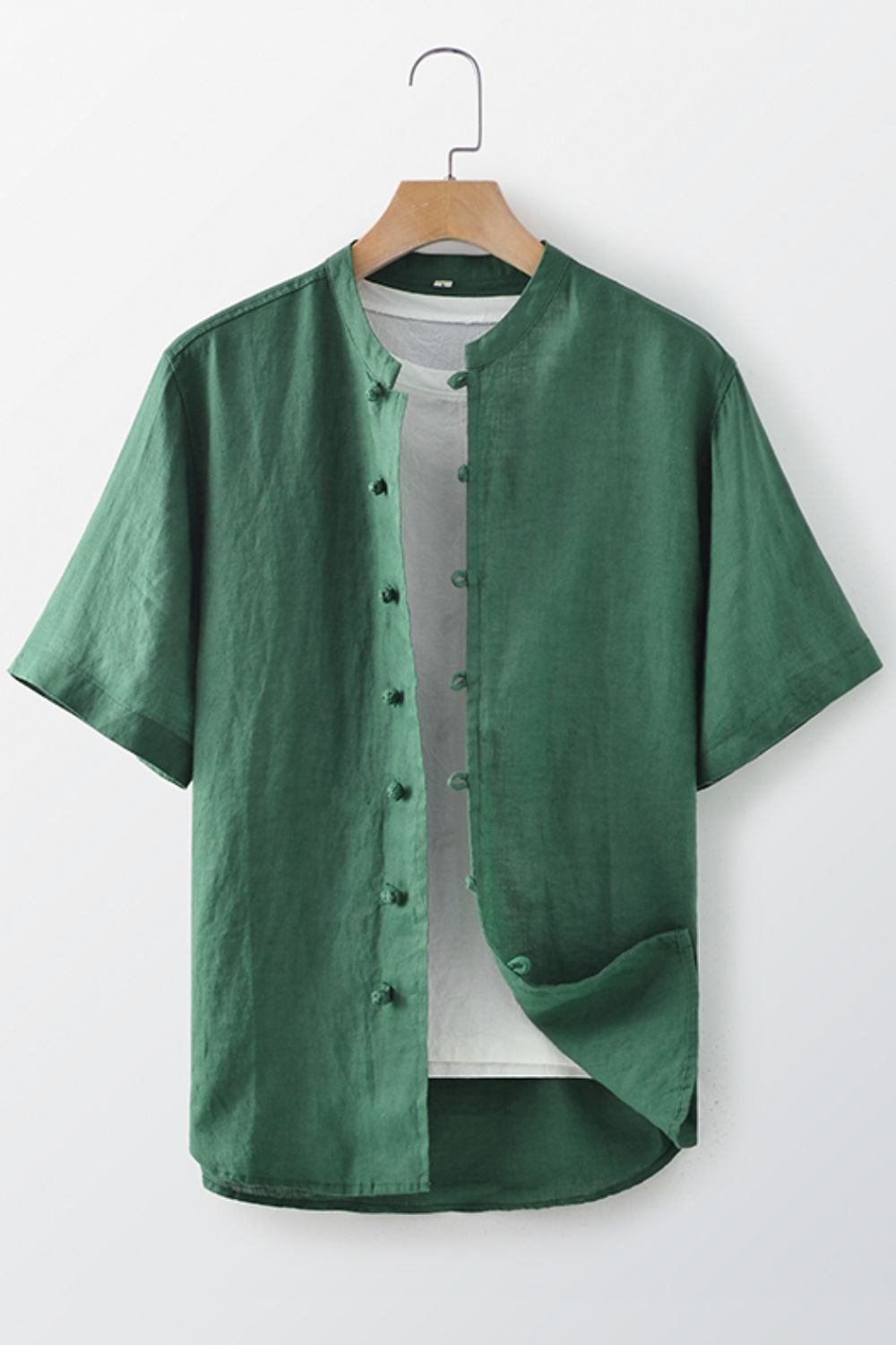 Buttoned Round Neck Short Sleeve Linen Shirt
