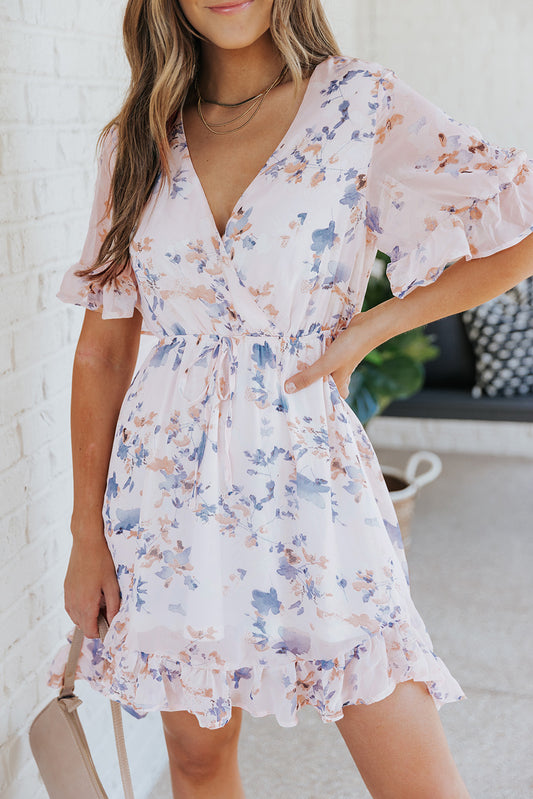 Floral Drawstring Waist Ruffled Surplice Dress